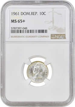 Доминикана 10 сентаво 1961 г., NGC MS65+, "Доминиканская Республика (1937 - 2020)"