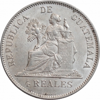 Гватемала 4 реала 1894 г. H, NGC AU58, "Реал (1838 - 1912)"