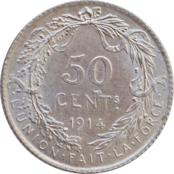 Бельгия 50 сантимов 1914 г. DES, UNC, "Король Альберт I (1910 - 1934)"