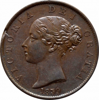 Остров Мэн 1/2 пенни 1839 г., AU, "Королева Виктория (1838 - 1901)"