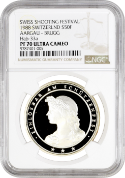 Швейцария 50 франков 1988 г., NGC PF70 UC, "Стрелковый фестиваль в Бругге" Top Pop