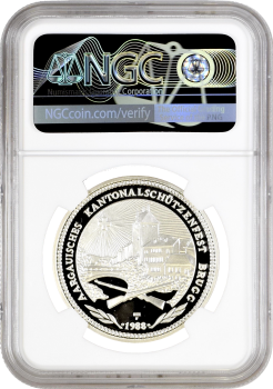 Швейцария 50 франков 1988 г., NGC PF70 UC, "Стрелковый фестиваль в Бругге" Top Pop