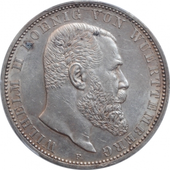 Вюртемберг 5 марок 1908 г., PCGS AU58, "Король Вильгельм II (1891 - 1918)"