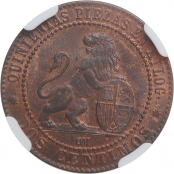 Испания 2 сентимо 1870 г. OM, NGC MS65 RB, "Временное правительство (1869 - 1874)"
