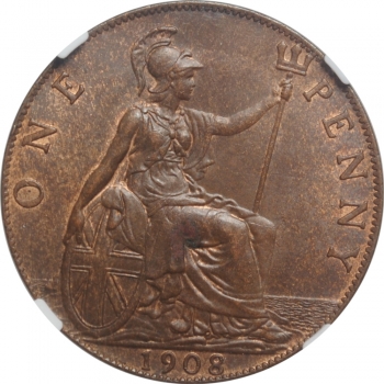 Великобритания 1 пенни 1908 г., NGC MS63 BN, "Король Эдуард VII (1902 - 1910)"