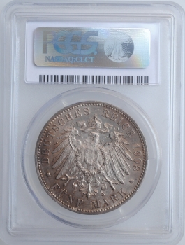 Вюртемберг 5 марок 1908 г., PCGS AU58, "Король Вильгельм II (1891 - 1918)"