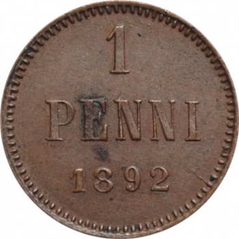 Финляндия 1 пенни 1892 г., UNC, "Император Александр III (1881 - 1894)"