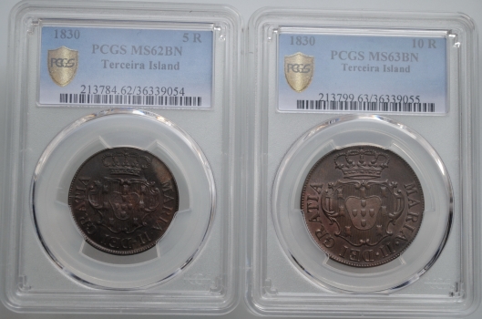 Остров Терсейра 5 и 10 рейсов 1830 г., PCGS MS62-63, "Мария II в изгнании (1828 - 1833)"