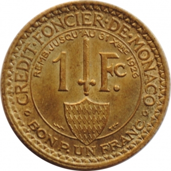 Монако 1 франк 1924 г., UNC, "Князь Луи II (1922 - 1949)"