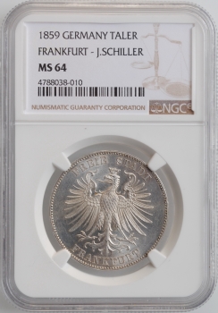 Франкфурт 1 талер 1859 г., NGC MS64, "100 лет со дня рождения Фридриха Шиллера"
