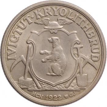 Гренландия 10 крон 1922 г., UNC, "Креолитовые шахты Ивигтута"