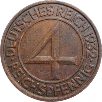 Германия 4 рейхспфеннига 1932 г. J, UNC, "Веймарская Hеспублика (Рейхсмарка) (1924 - 1938)"