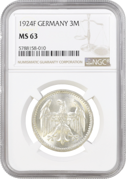 Германия 3 марки 1924 г. F, NGC MS63, "Веймарская Республика (Марка) (1919 - 1925)"