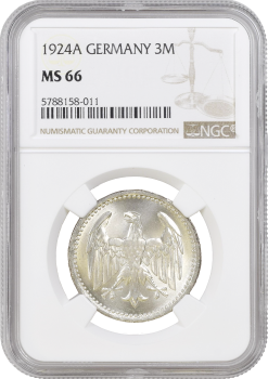 Германия 3 марки 1924 г. A, NGC MS66, "Веймарская Республика (Марка) (1919 - 1925)" Top Pop
