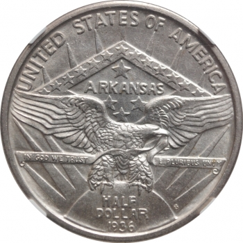 США 50 центов 1936 г. S, NGC MS65, "100 лет штату Арканзас"