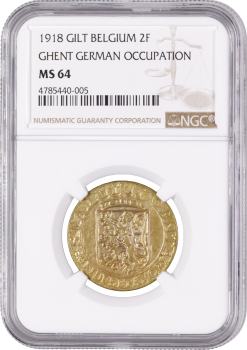 Бельгия 2 франка 1918 г., NGC MS64, "Германская оккупация города Гент (1915 - 1918)"