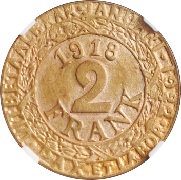 Бельгия 2 франка 1918 г., NGC MS64, "Германская оккупация города Гент (1915 - 1918)"