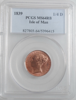 Остров Мэн 1 фартинг 1839 г., PCGS MS64 RB, "Королева Виктория (1838 - 1901)"