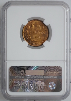 Франция 20 франков 1950 г. B, NGC MS66, "Четвертая Республика (1944 - 1959)" РЕДКАЯ