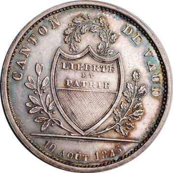 Швейцарские кантоны 1 франк 1845 г., NGC AU58, "Стрелковый фестиваль 10.08.1845"