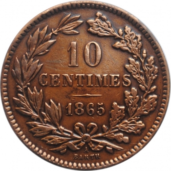 Люксембург 10 сантимов 1865 г. A, XF, "Великий герцог Виллем III (1849 - 1890)"