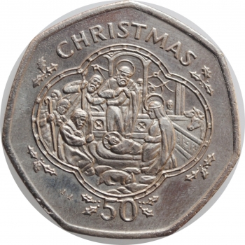 Остров Мэн 50 пенсов 1993 г. AA, XF, "Рождество"