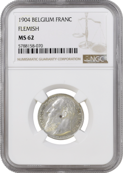 Бельгия 1 франк 1904 г. DER, NGC MS62, "Король Леопольд II (1865 - 1909)"