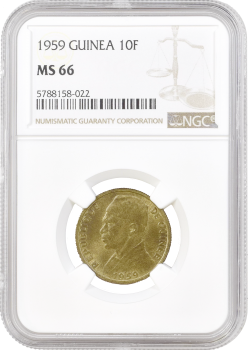 Гвинея 10 франков 1959 г., NGC MS66, "Старый франк (1959 - 1971)"
