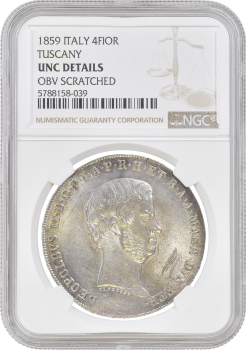 Тоскана 4 флорина 1859 г., NGC UNC Details, "Великий герцог Леопольд II (1824 - 1859)"