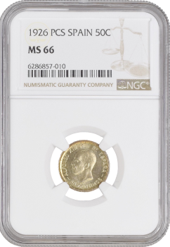 Испания 50 сентимо 1926 г. PCS, NGC MS66, "Король Альфонсо XIII (1886 - 1931)"