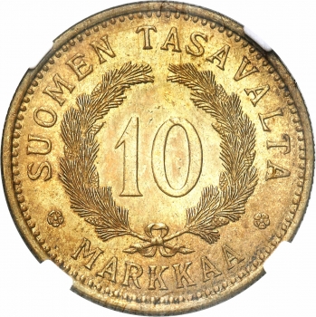Финляндия 10 марок 1929 г. S, NGC MS62, "Финляндская Республика (Suomi) (1918 - 1962)"