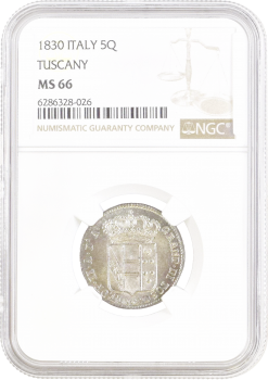 Тоскана 5 кваттрини 1830 г., NGC MS66, "Великий герцог Леопольд II (1824 - 1859)" Top Pop