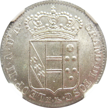 Тоскана 5 кваттрини 1830 г., NGC MS66, "Великий герцог Леопольд II (1824 - 1859)" Top Pop