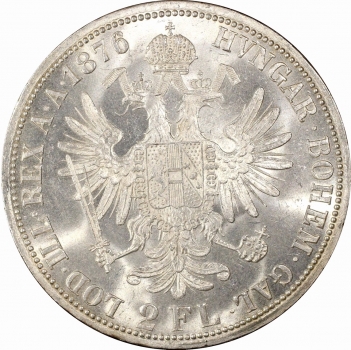 Австрия 2 флорина 1876 г., PCGS MS63+, "Император Франц Иосиф I (1848 - 1916)"