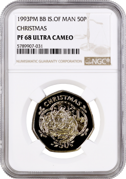 Остров Мэн 50 пенсов 1993 г. BB, NGC PF68 UC, "Рождество"
