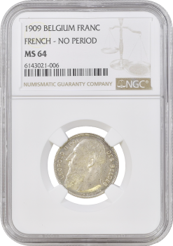 Бельгия 1 франк 1909 г. DES, NGC MS64, "Король Леопольд II (1865 - 1909)"