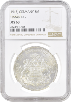 Гамбург 5 марок 1913 г., NGC MS63, "Вольный город Гамбург (1871 - 1918)"