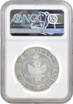 Трапезундская Империя 5 франков 1955 г., NGC UNC Details, "Марио Бернардо Анджело Комнену" (тираж 100 шт.)