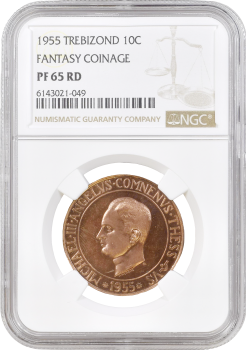Трапезундская Империя 10 сантимов 1955 г., NGC PF65 RD, "Марио Бернардо Анджело Комнену" (тираж 100 шт.)
