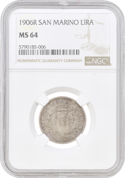 Сан-Марино 1 лира 1906 г. R, NGC MS64, "Республика Сан-Марино (1864 - 1938)"