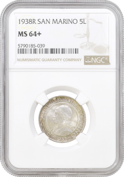 Сан-Марино 5 лир 1938 г. R, NGC MS64+, "Республика Сан-Марино (1864 - 1938)"