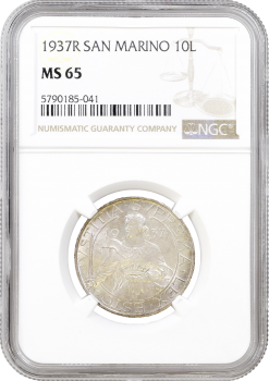 Сан-Марино 10 лир 1937 г.R , NGC MS65, "Республика Сан-Марино (1864 - 1938)"
