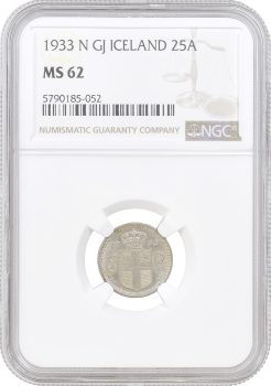 Исландия 25 эйре 1933 г. N, NGC MS62, "Король Кристиан X (1922 - 1943)"