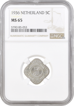 Нидерланды 5 центов 1936 г., NGC MS65, "Королева Вильгельмина (1890 - 1948)"