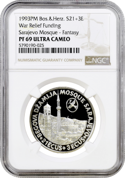 Босния и Герцеговина 21 + 3 экю 1993 г., NGC PF69 UC, "Финансирование помощи военным - мечеть Сараево" Top Pop