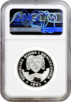 Босния и Герцеговина 21 + 3 экю 1993 г., NGC PF69 UC, "Финансирование помощи военным - мечеть Сараево" Top Pop