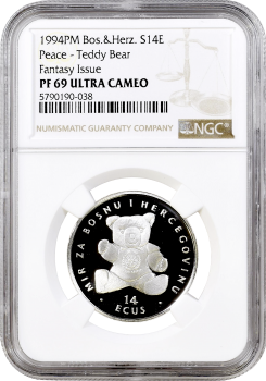 Босния и Герцеговина 14 экю 1994 г., NGC PF69 UC, "Мир - Плюшевый мишка" Top Pop