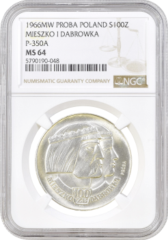Польша 100 злотых 1966 г., NGC MS64 PROBA, "Мешко и Дубровка головы"