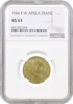 Французская Западная Африка 1 франк 1944 г., NGC MS63, "Колония Франции (1944 - 1958)"