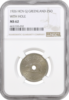 Гренландия 25 эре 1926 г. HCN, NGC MS62, "Король Кристиан X (1912 - 1947)" с отверстием